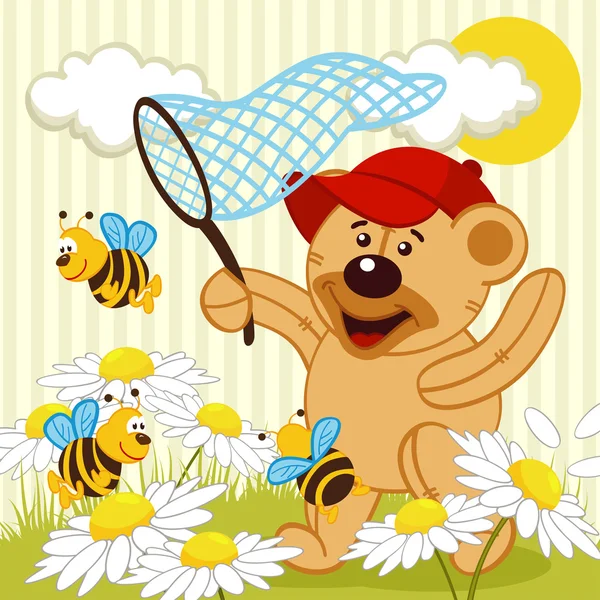 Oyuncak ayı yakalamak arı — Stok Vektör