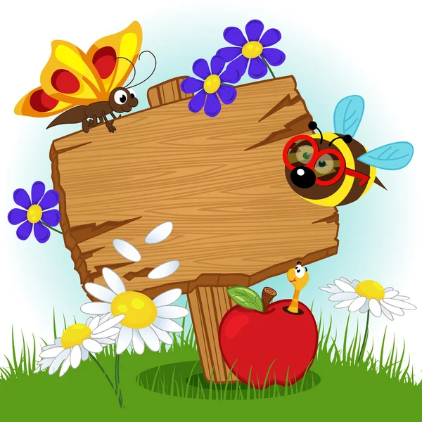 Drewniany znak z kwiatów i owady — Wektor stockowy