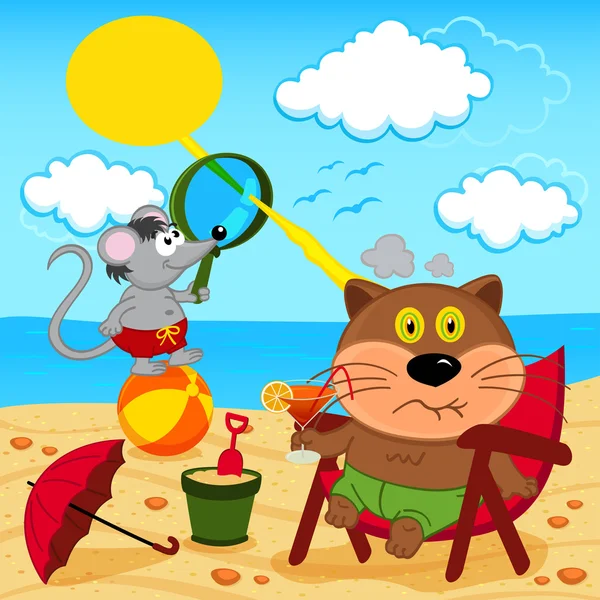 Gato e rato brincam com na praia — Vetor de Stock