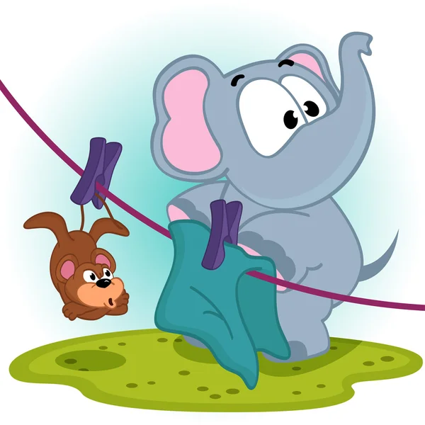 Elephant mistakenly  hung on clothespins mouse by the tail — Stock Vector