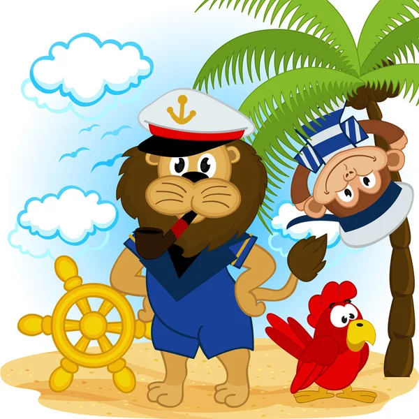 ライオンのキャプテンと猿の船員 — ストックベクタ