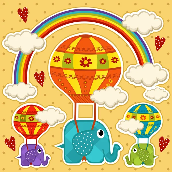 Elephant in a balloon baby card — Stock Vector