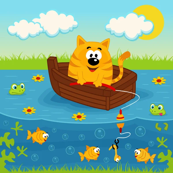 Gato en un barco pescando en un estanque - ilustración vectorial — Vector de stock