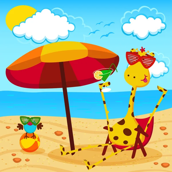 Giraffe und ein Vogel am Strand — Stockvektor