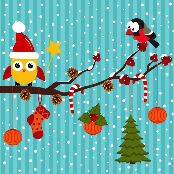Πουλιά γιορτάζουν Χριστούγεννα στο δάσος — Διανυσματικό Αρχείο