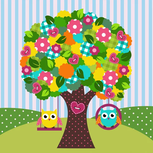 Hermoso árbol con búhos en columpios — Vector de stock