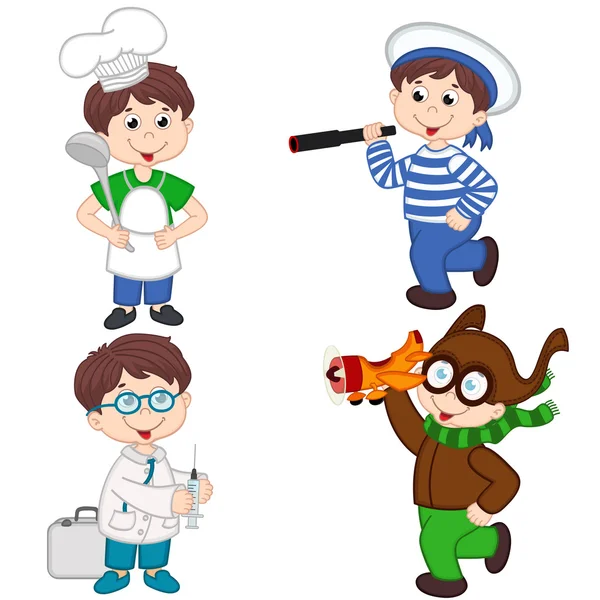 Хлопчик в різних професіях кухар, моряк, лікар, пілот — стоковий вектор
