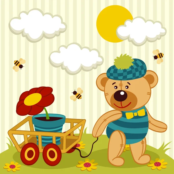 Urso com uma flor em um pote — Vetor de Stock