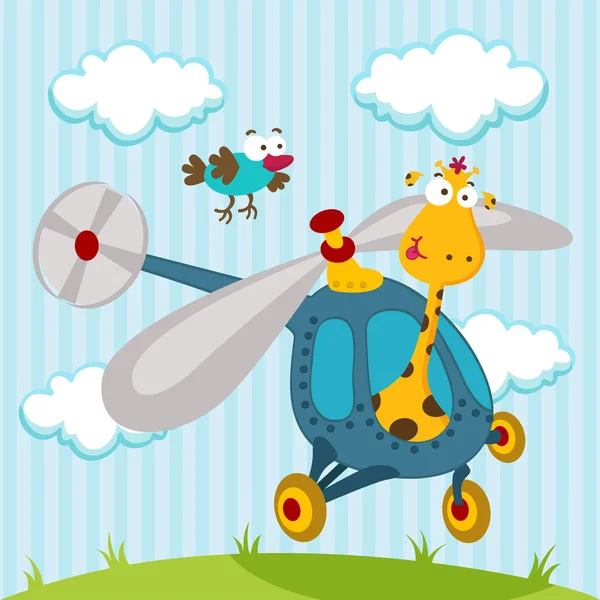 Girafe et oiseau sur un hélicoptère — Image vectorielle
