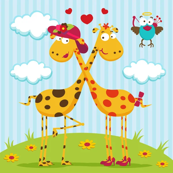 Жирафы мальчик, девочка и птица — стоковый вектор