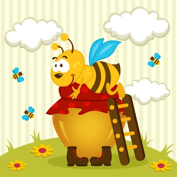 Μέλισσα αγκαλιάζουν ένα βάζο μέλι — Διανυσματικό Αρχείο