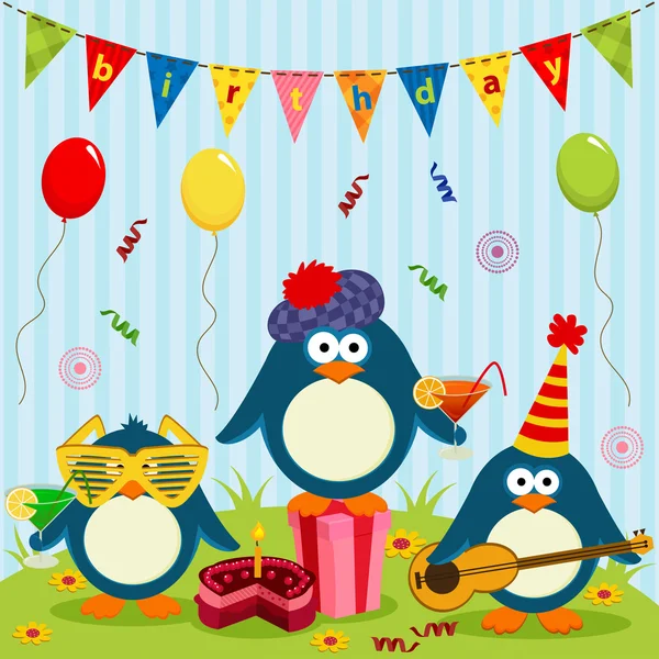 Drie schattige pinguïns vieren verjaardag — Stockvector