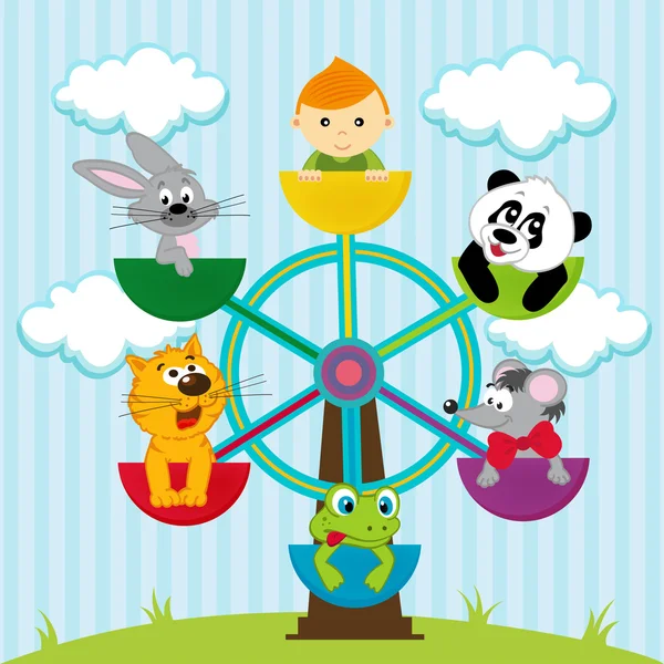 Carousel with the boy and animals — Stock Vector