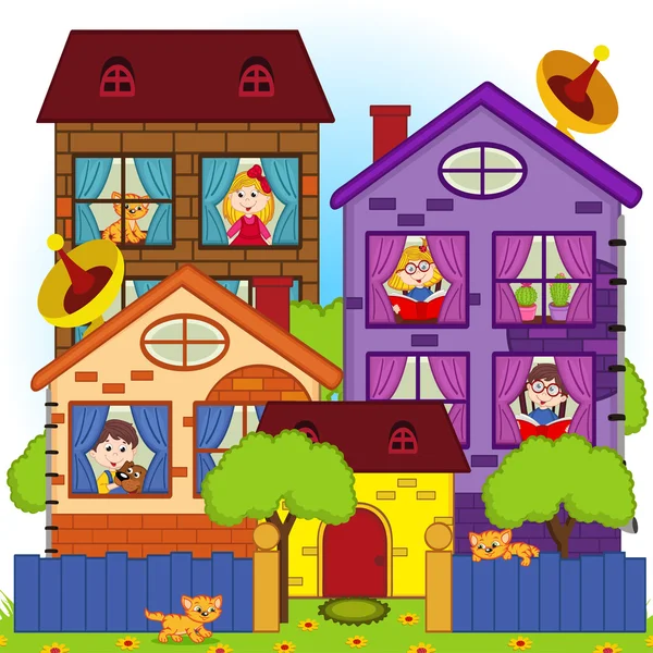 Casa con los niños en las ventanas — Vector de stock