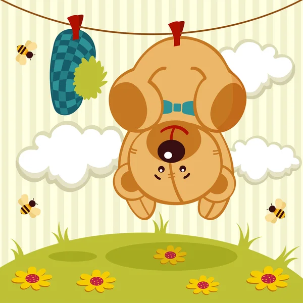 Cute teddy bear after washing hanging on a rope — Stock Vector