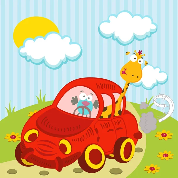 Giraffe and bird traveling by car — Stock Vector