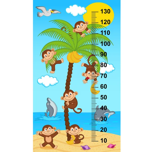 Palm tree height measure with monkeys - vector illustration, eps — Stock Vector
