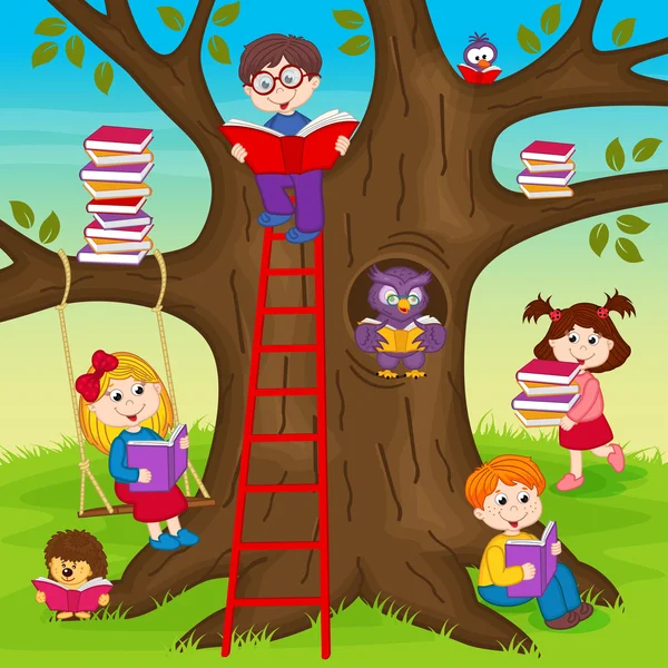 Niños están leyendo libros en un árbol — Archivo Imágenes Vectoriales