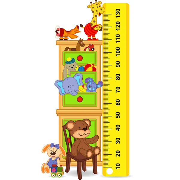 Gabinete de madera con juguetes medir el crecimiento del niño — Vector de stock