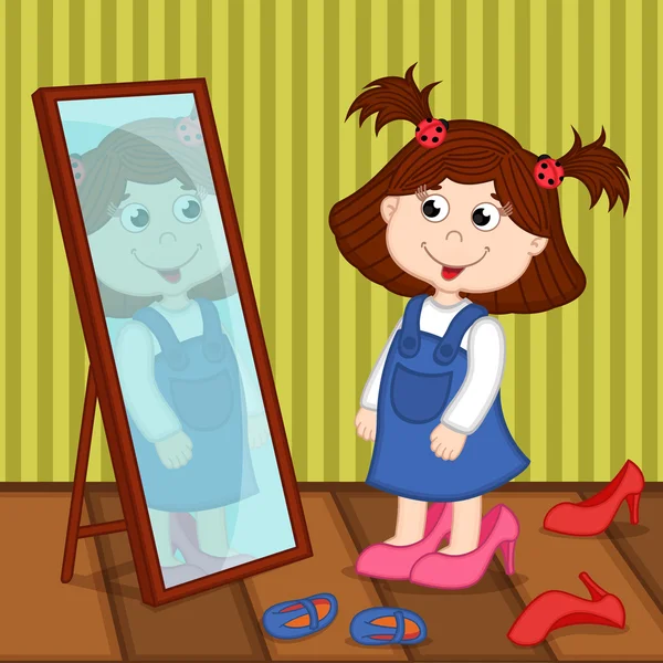 A sarok lány úgy néz ki, a tükör — Stock Vector