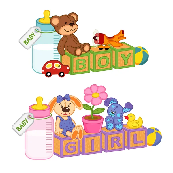 Speelgoed en accessoires voor baby met blokken — Stockvector
