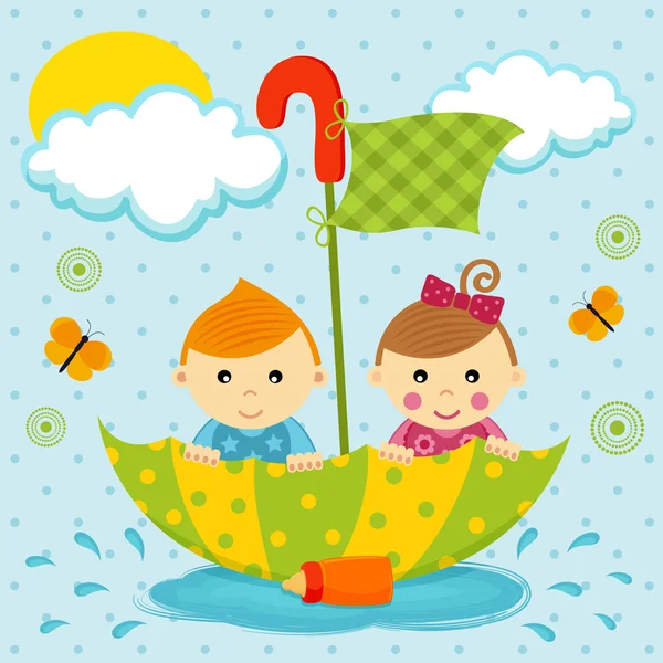 Niño y niña flotando en un charco junto al paraguas — Vector de stock