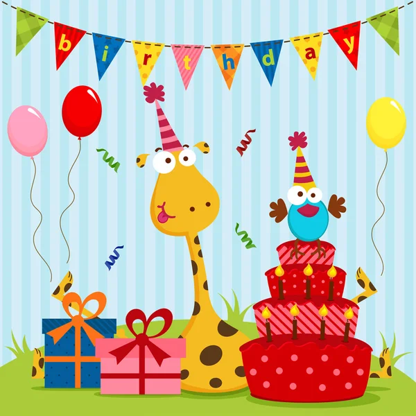 Giraffe viert haar verjaardag met de vogel — Stockvector