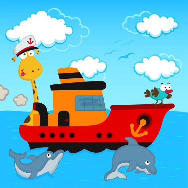 Giraffe and a bird float in a ship — Stock Vector