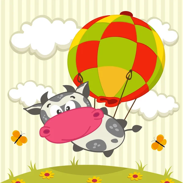 Щаслива корова летить на повітряній кулі — стоковий вектор