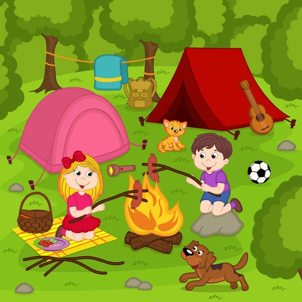 Children fry sausages on the bonfire in the summer camp — Stock Vector
