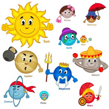 set of isolated smiling planet of solar system clipart