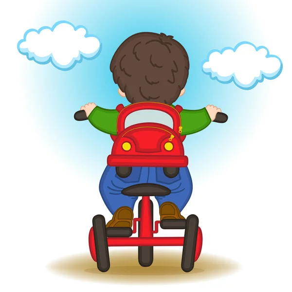Junge mit Rucksack in Form von Auto fährt Fahrrad — Stockvektor
