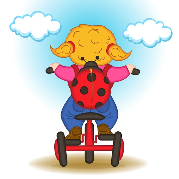 Meisje met rugzak in de vorm van een lieveheersbeestje ritten fiets — Stockvector