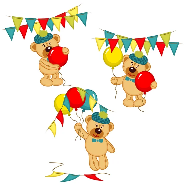 Balonlar ve çelenk ile izole oyuncak ayı kümesi — Stok Vektör