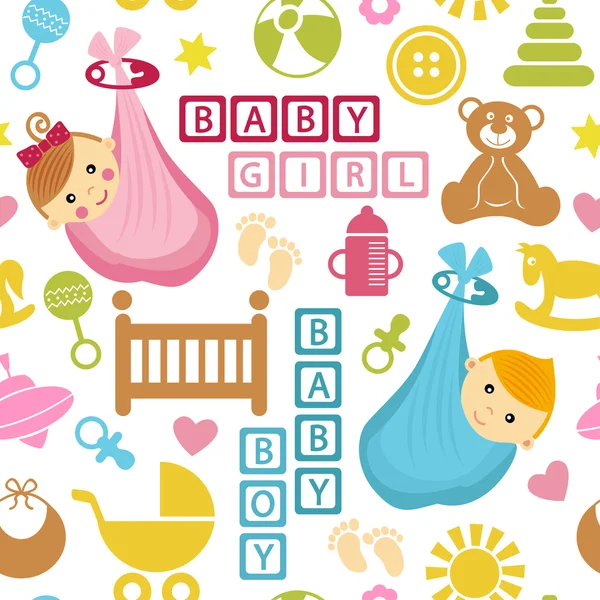 Seamless mönster med ikoner och spädbarn i väska — Stock vektor