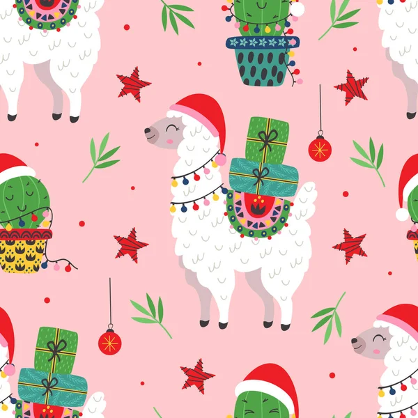 seamless pattern with Christmas Llama and cactus