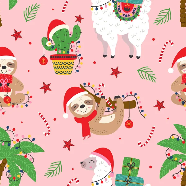 seamless pattern with Christmas llama, sloth and cactus