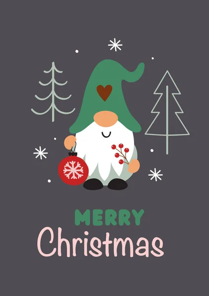 Greeting Card Christmas Gnome Christmas Trees Christmas Ball — Stock Vector