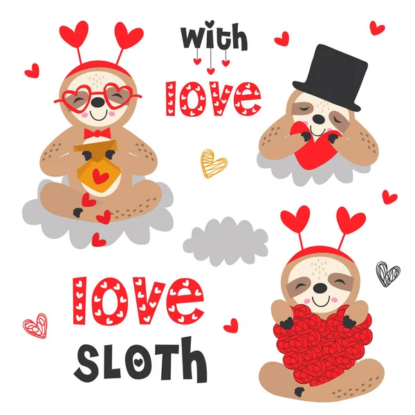 Set Isolated Love Sloth Hearts — Stock Vector