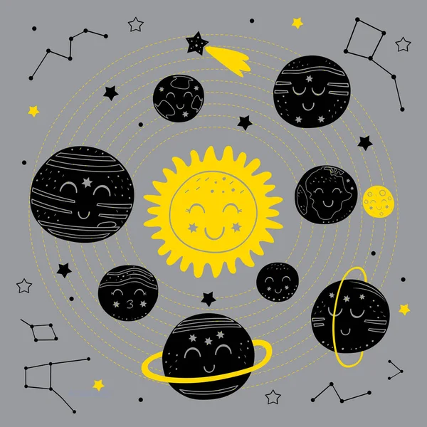 Cartaz Celestial Com Sistema Solar Preto —  Vetores de Stock