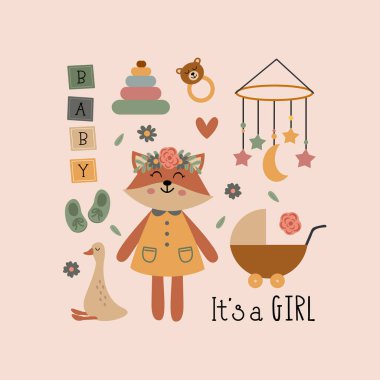 poster with fox girl and bohemian elements clipart