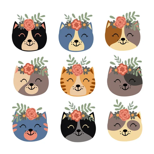 Set Isolated Cute Cat Faces Flowers — Stock Vector