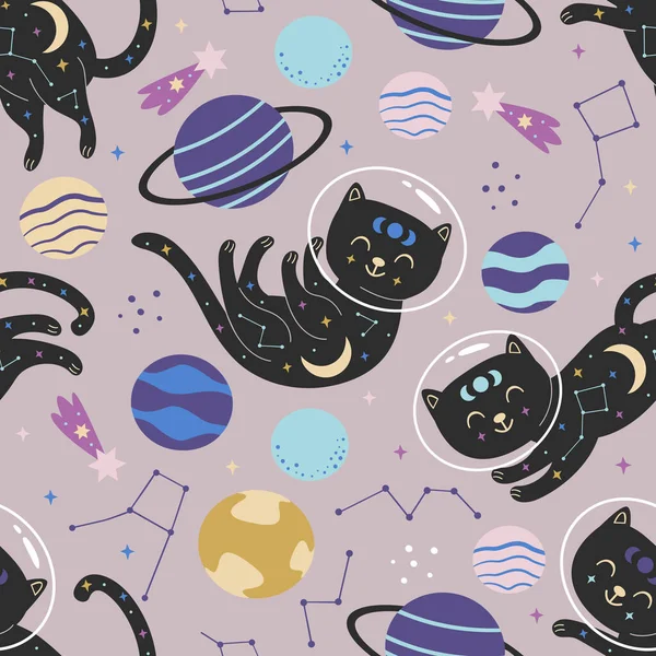 Seamless Pattern Black Cats Space — Stock Vector