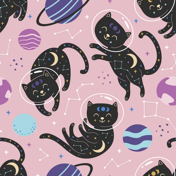 Patrón Sin Costuras Con Gatos Celestiales Espacio Sobre Fondo Rosa — Vector de stock