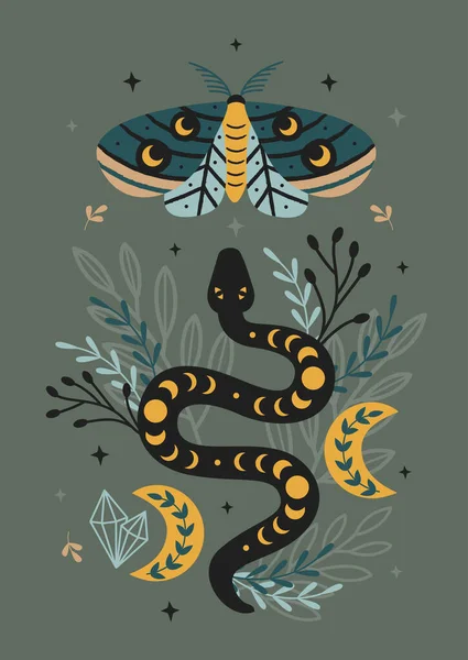 Cartel Del Bosque Mágico Con Polilla Serpiente — Archivo Imágenes Vectoriales