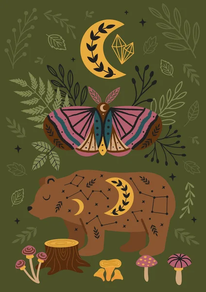 蛾とクマのいる魔法の森のポスター — ストックベクタ