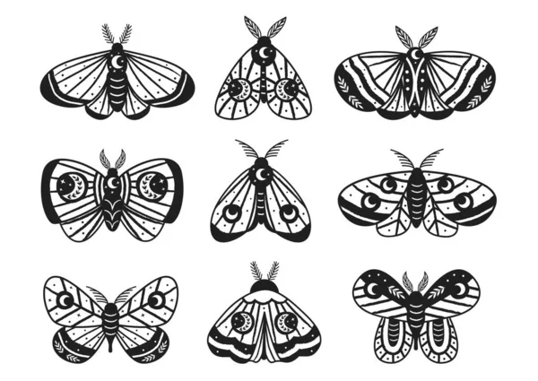 Reihe Isolierter Schwarzer Magie Motten Und Schmetterlinge — Stockvektor