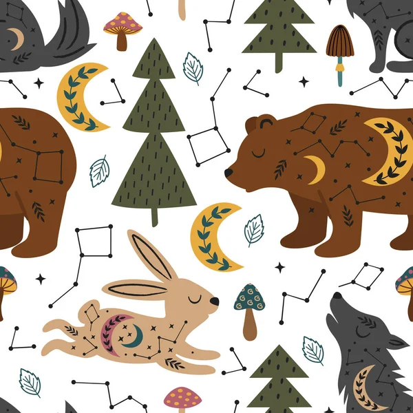 Patrón Inconsútil Bosque Mágico Con Animales Celestiales — Vector de stock