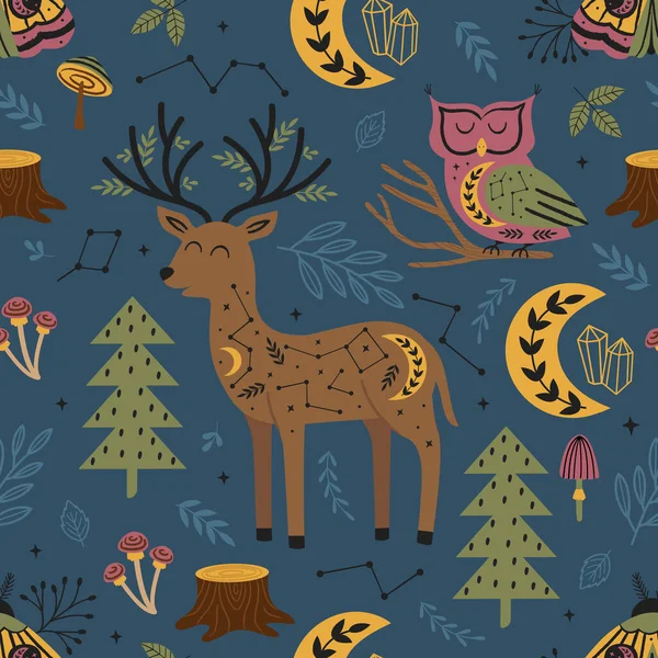 seamless pattern magic forest with with deer, moth, owl