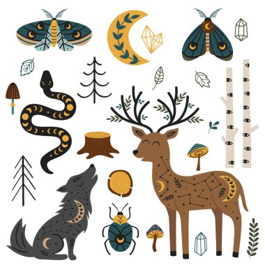 İzole edilmiş büyülü orman hayvanları ve bitki örtüsü.